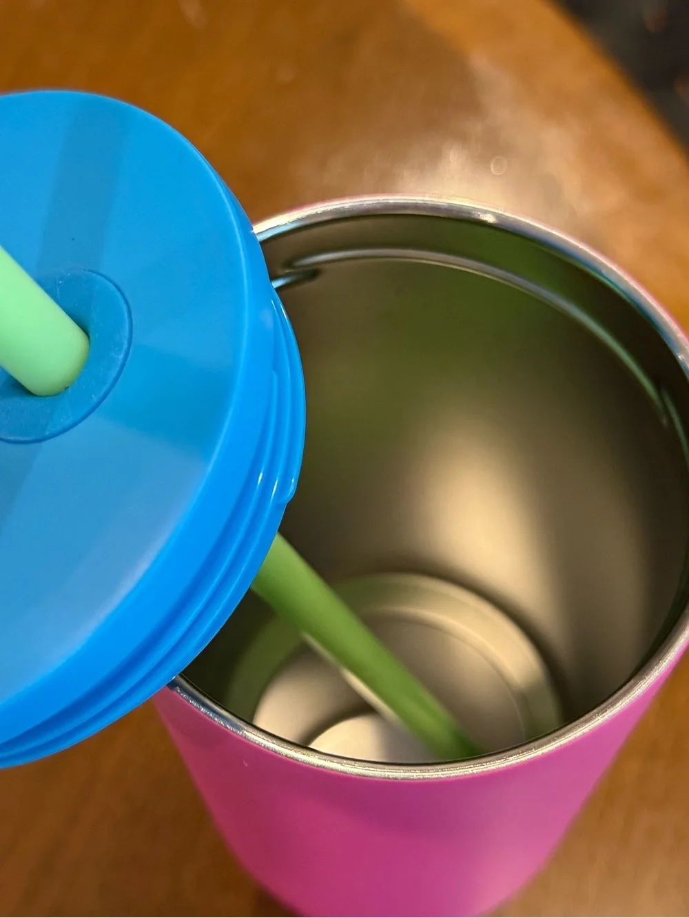 Slim Pink simple modern Travel Tumbler with Handle and Blue Lid